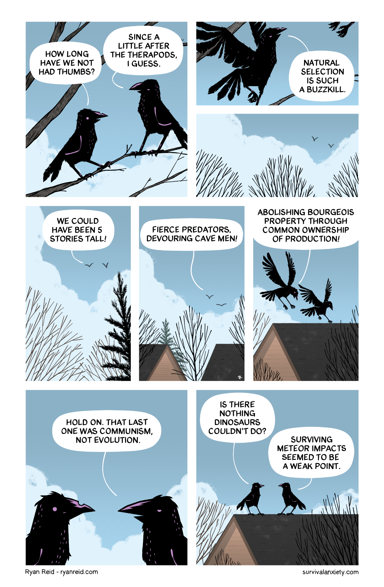 In this comic, the crows discuss how natural selection has effected their lives.