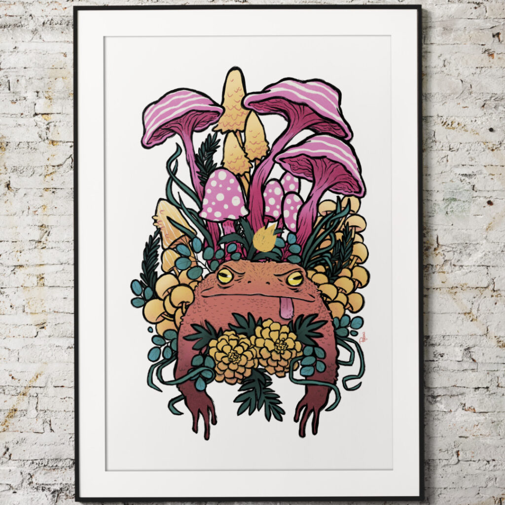 King Toad in the Land of the Mushrooms - A magical toad is nestled among several strange mushrooms and other plants. Art print mockup version.