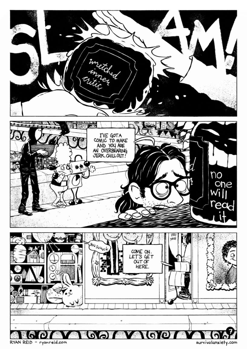 Pity Party - Page 7. The cartoonist captures his black dog in a jar, and stores it on a shelf. The crew leave the Ideas Room.