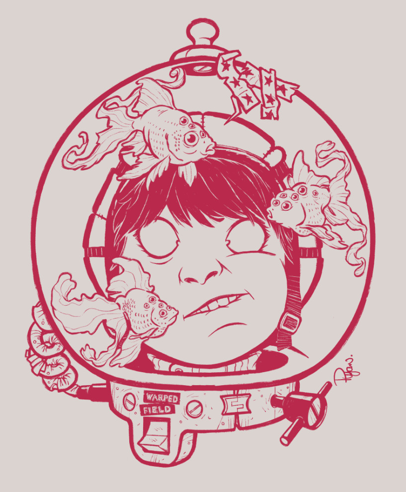 Illustration of an astronaut in a space helmet and alien goldfish.