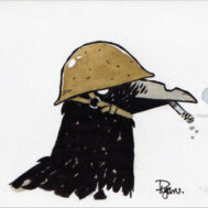 Crow in an army helmet smoking a cigarette.