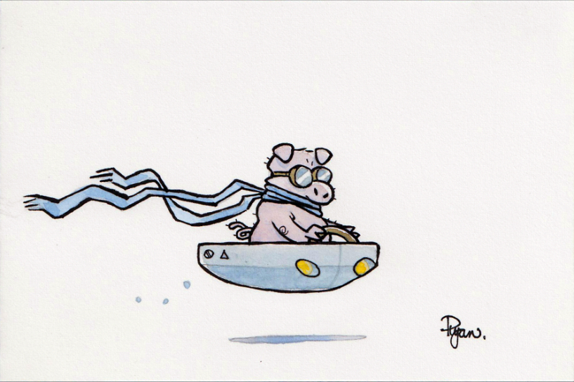 Watercolour drawing of a pig driving a futuristic flying vehicle.