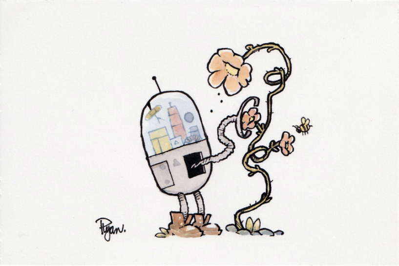 Watercolour illustration of a robot tending to a garden.