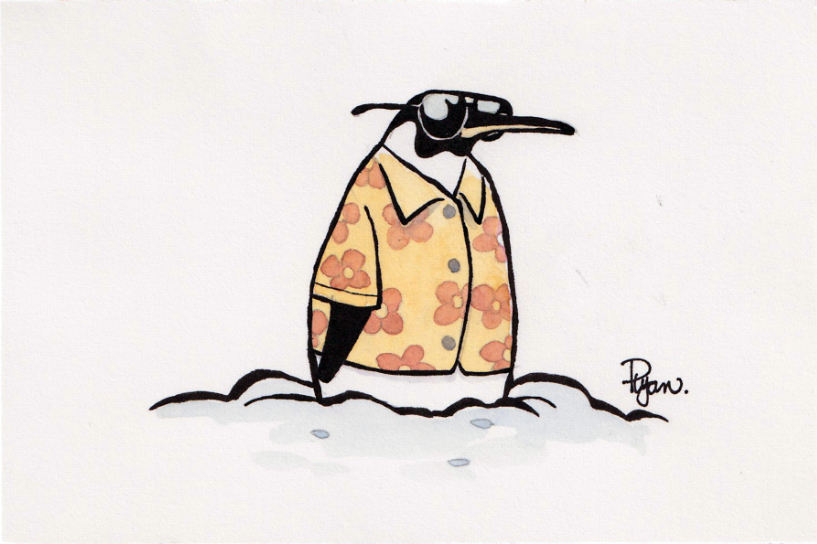 Watercolour drawing of a penguin in sunglasses and a Hawaiian shirt.
