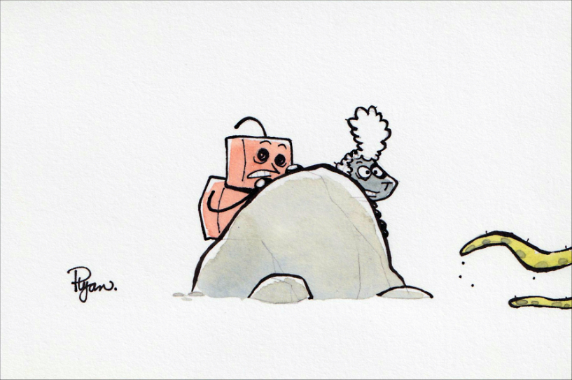 A robot and a sheep hide behind a rock from a tentacled alien.