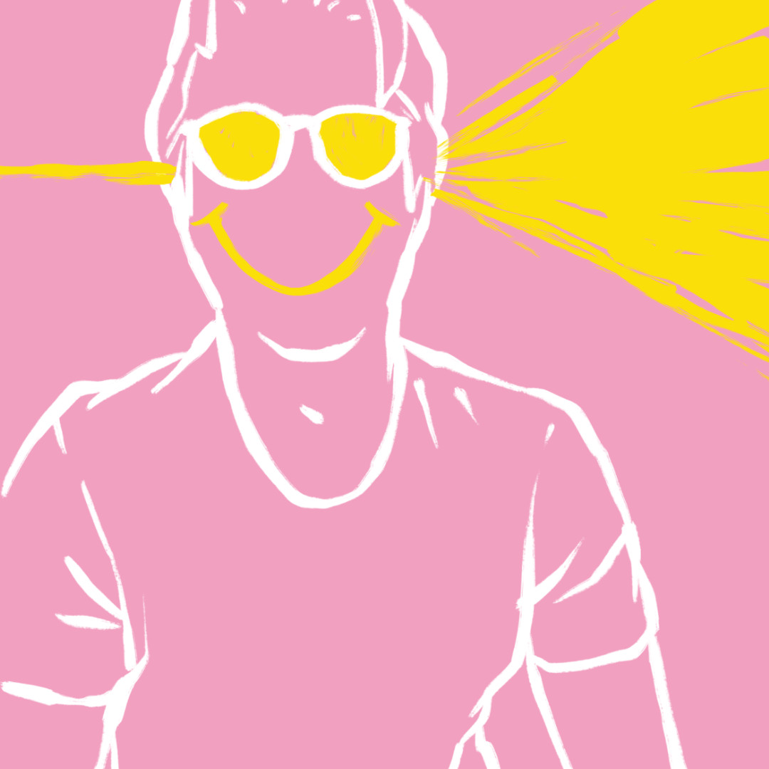 Illustration of a man wearing glasses, with a brightly coloured something blasting through his head. There is a large smile painted on his face.