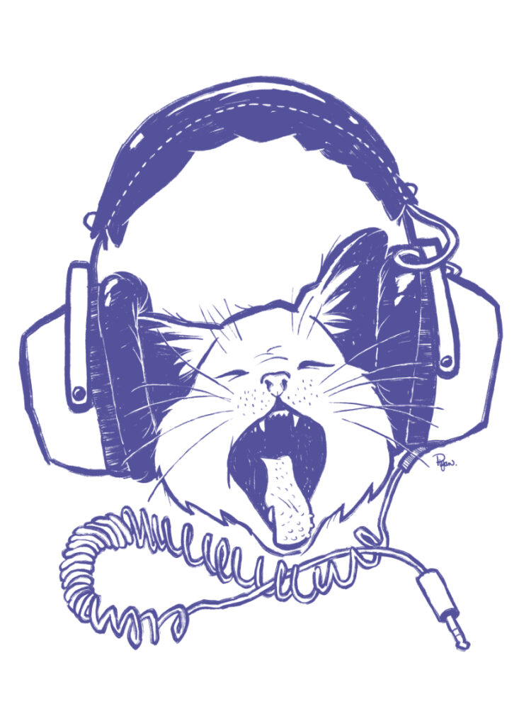 A cat sings super loud while wearing a pair of unplugged headphones. Blue line art version.