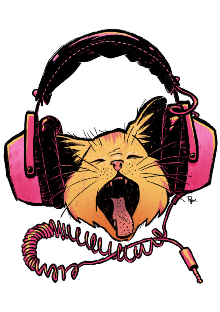 A cat sings super loud while wearing a pair of unplugged headphones. Full colour version.