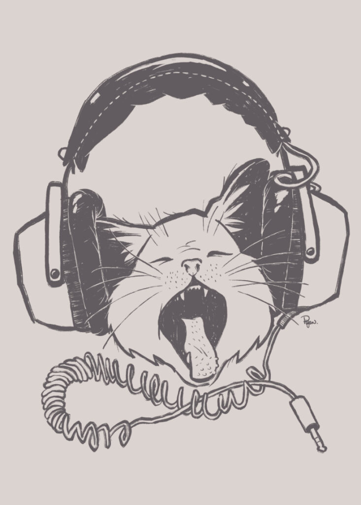 A cat sings super loud while wearing a pair of unplugged headphones. Grey line art version.