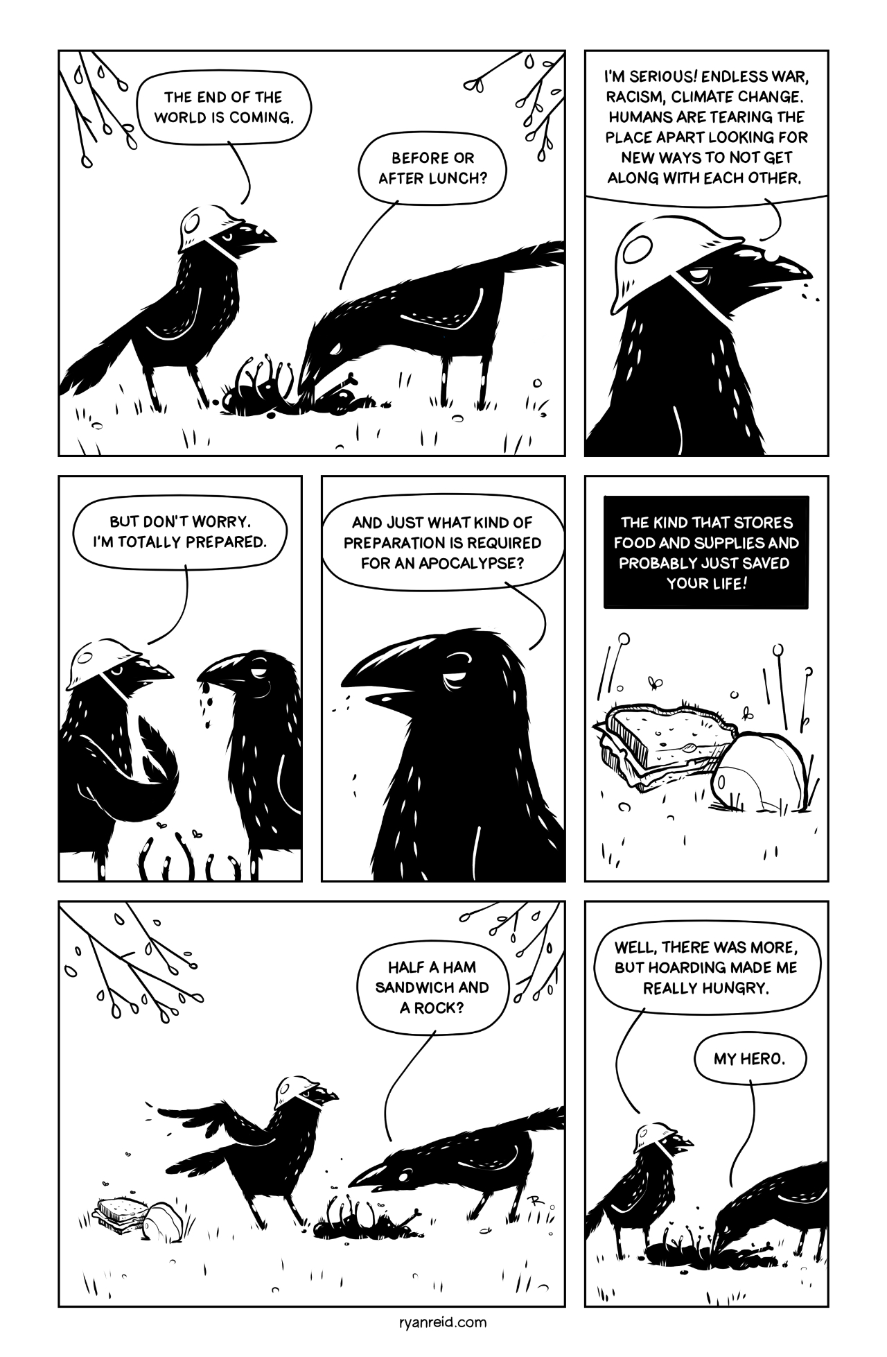 In this comic, the crows prepare for the apparently imminent end of the world.