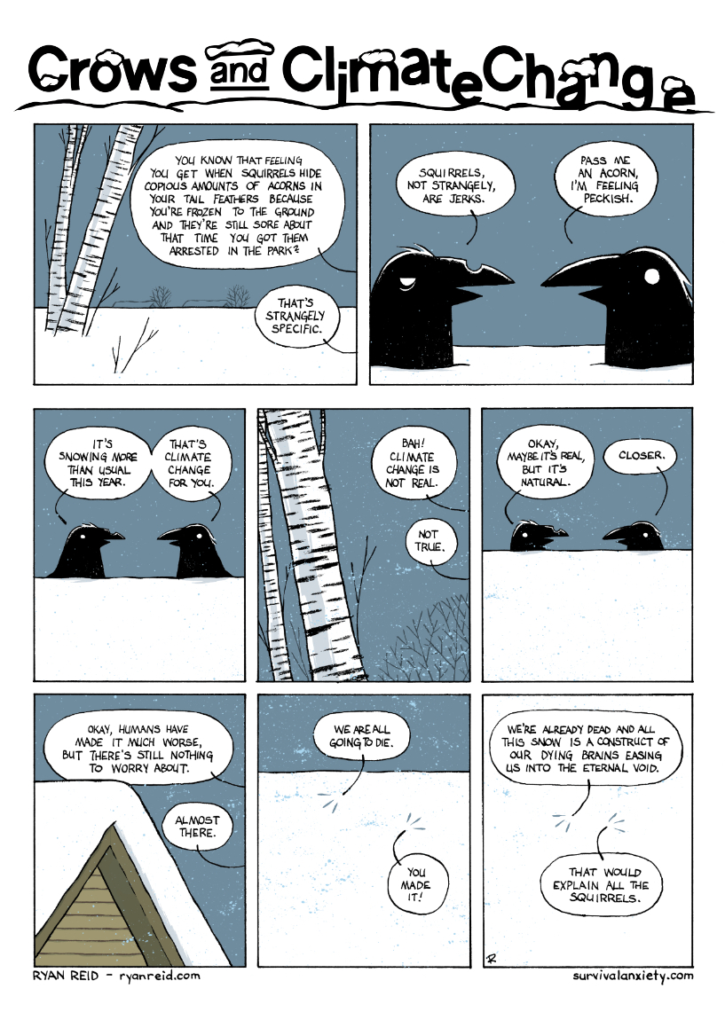 In this comic, the crows have a snowy exchange regarding climate change.