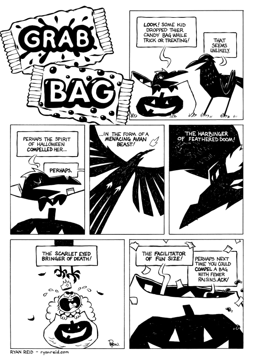 The crows steal some halloween candy from a kid.