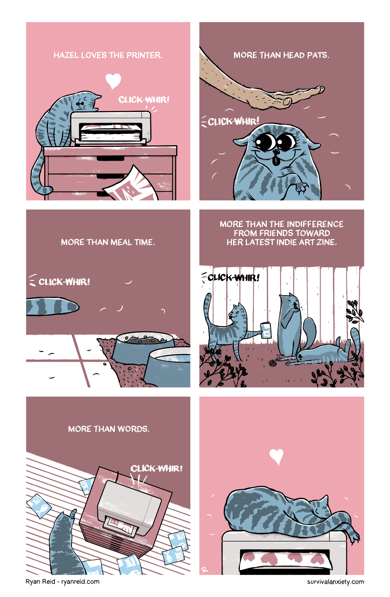 In this comic, Hazel the cat loves many things, but nothing as much as the printer.