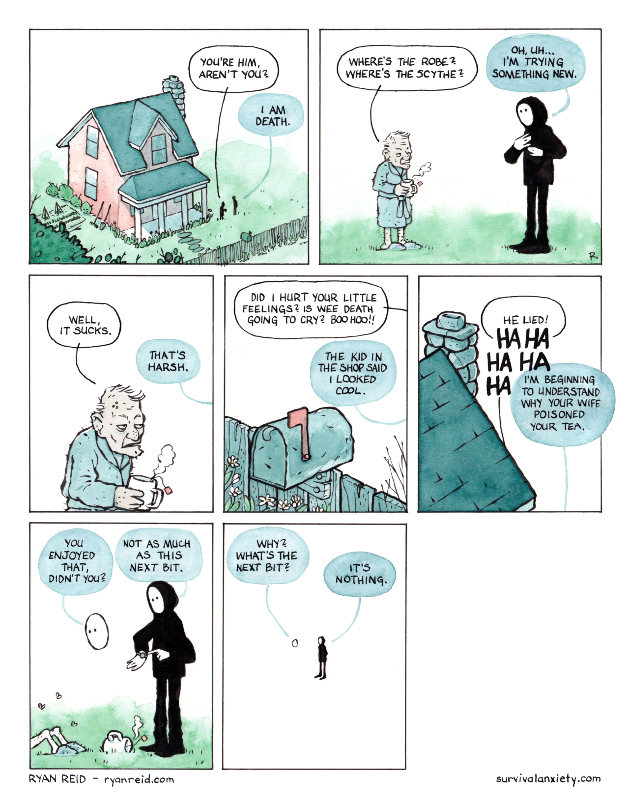 In this comic, Death gets some new clothes, and meets an old man who is a critic right to his last breath.