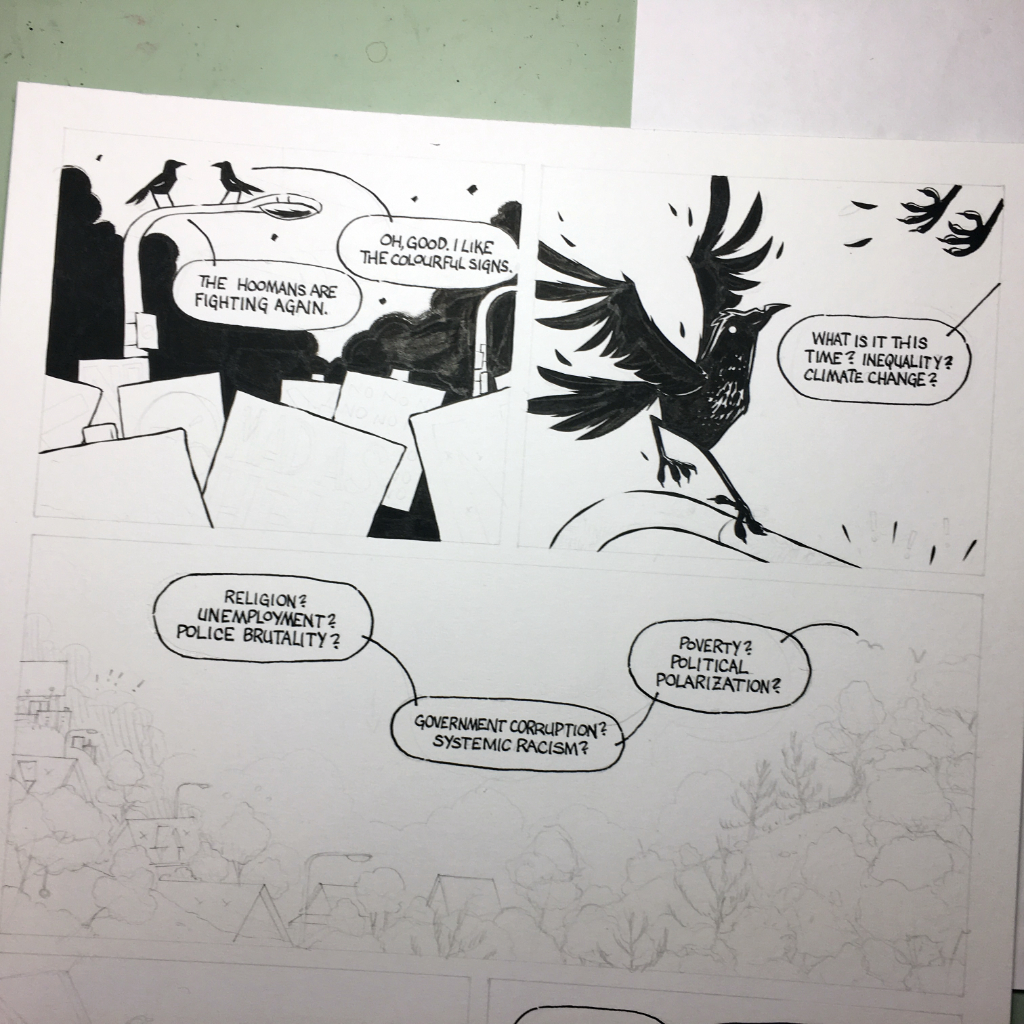 Partially inked comic about crows.
