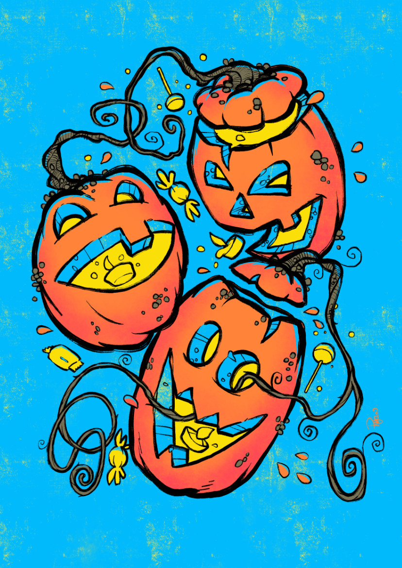 Happy jack o lanterns with intertwining vines candy and candles.
