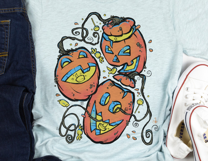Shirt mockup of happy jack o lanterns with intertwining vines candy and candles.
