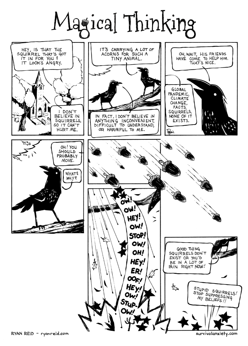 In this comic, the crows discover that squirrels are real, whether you believe in them or not.