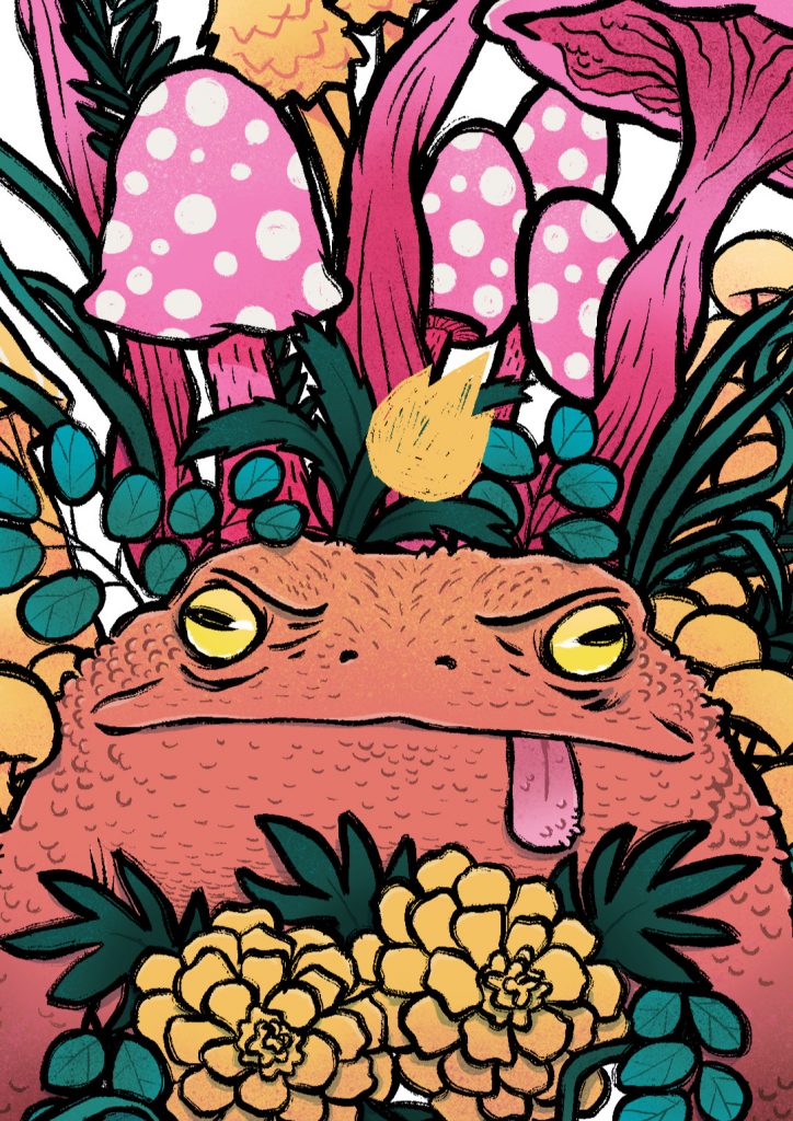 A weird toad is nestled among several strange mushrooms and other plants.