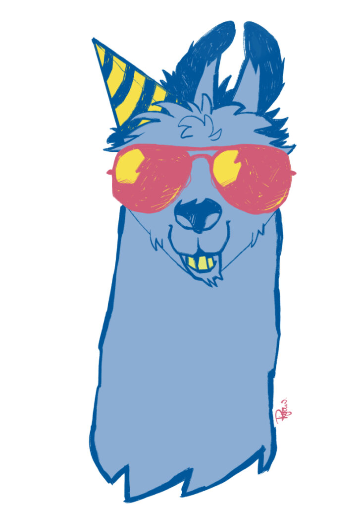 An illustration of a llama in a birthday party hat. Full colour version.