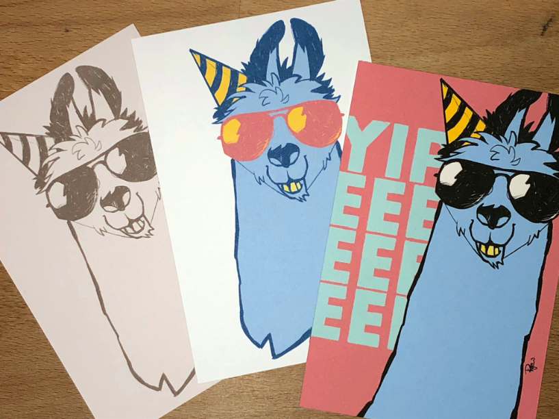 Postcard mockup showing an illustration of a llama in a birthday party hat.