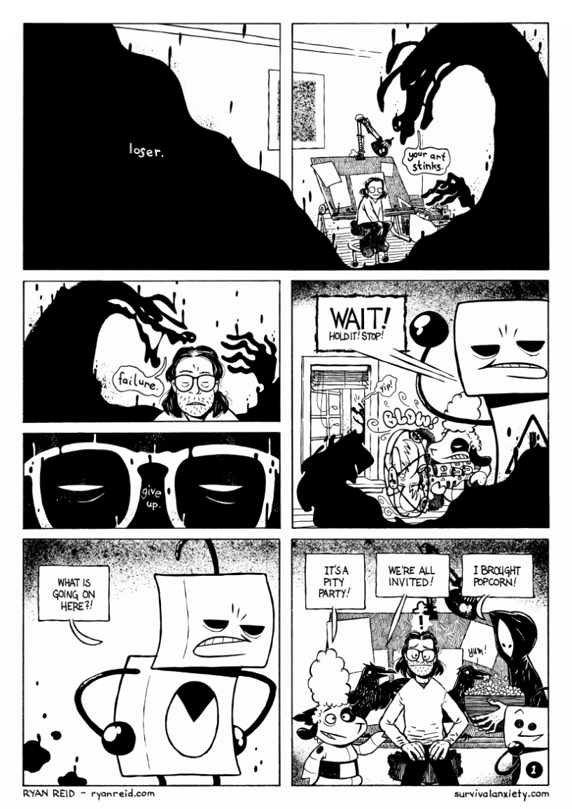 Pity Party - Page 1. The mysterious and ghostly Black Dog nearly consumes the cartoonist, but he is saved by his cartoon characters at the last moment. Page 1 of 9.
