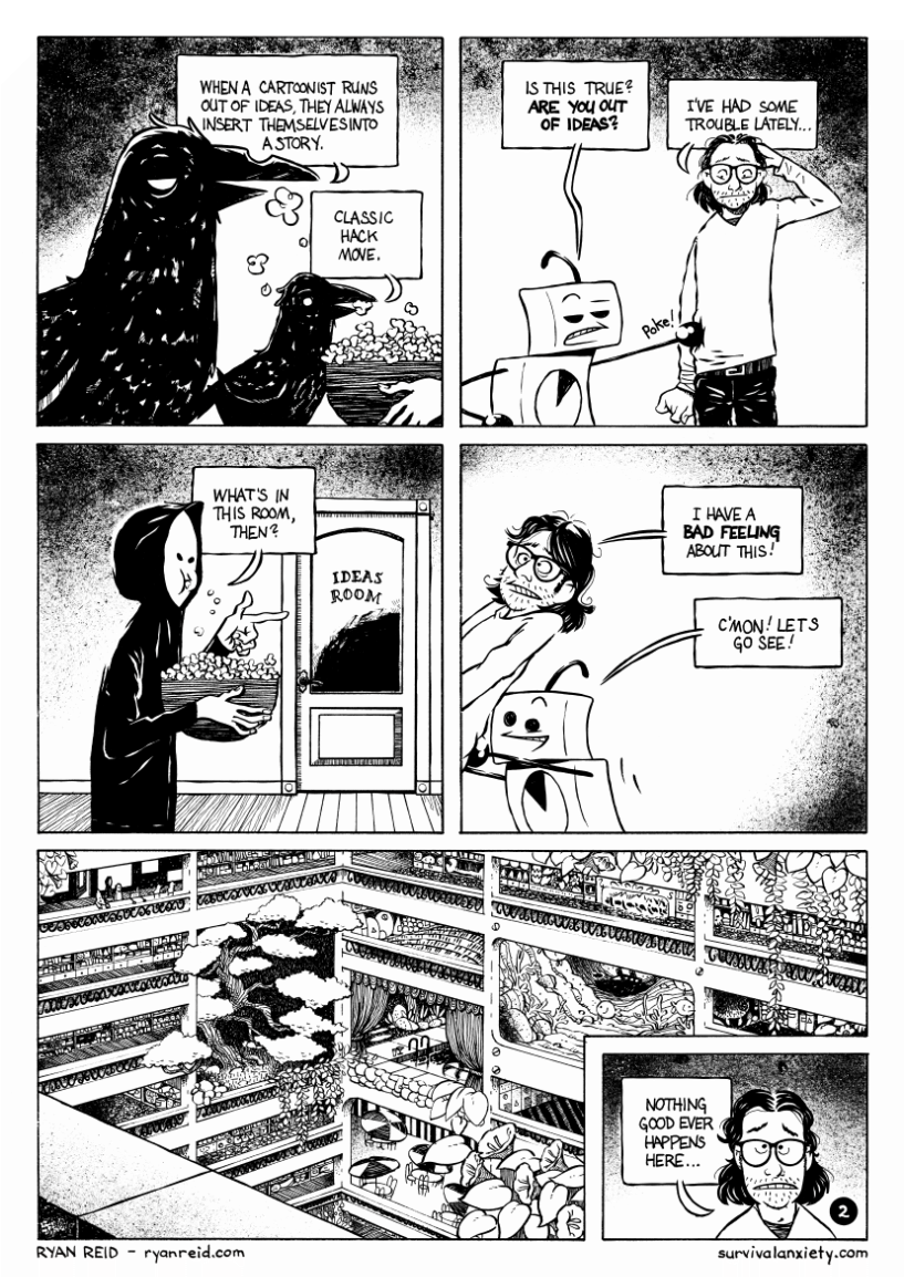 Pity Party - Page 2. The cartoonist is forced into his Ideas Room by his cast of characters. It's a cavernous room, full of everything you can imagine. Page 2 of 7.