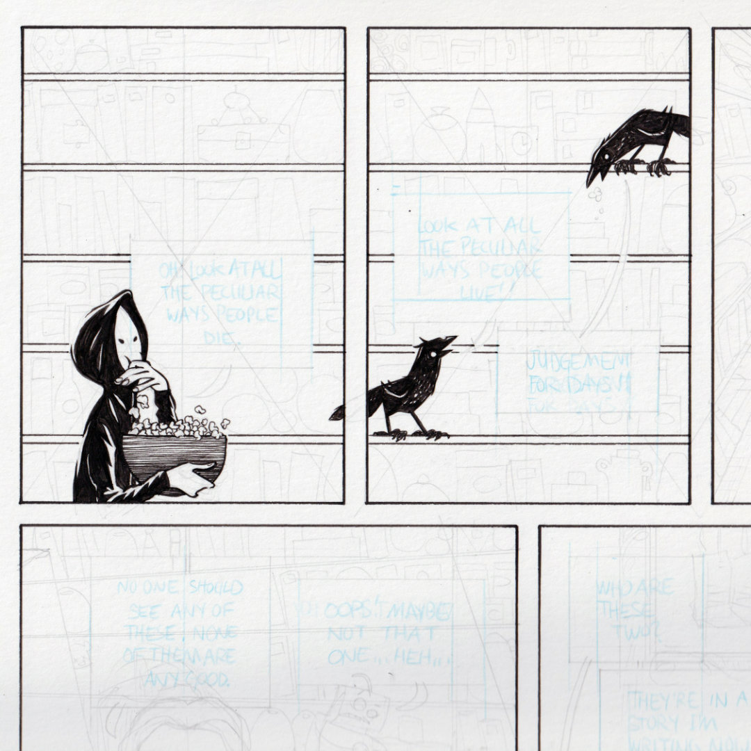 Detail of comic Pity Party page 3, Death and the crows review some relevant Ideas Room shelves.