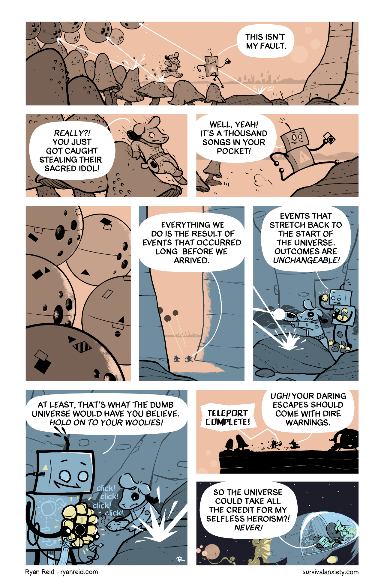 In this comic, Robot shares his unusual philosophy of the universe with Francis the Sheep, while they run for their lives.