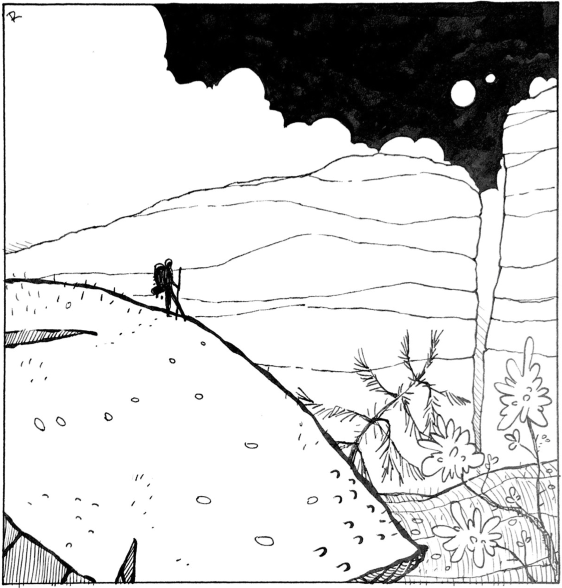 Sketch of a hiker on an alien world.