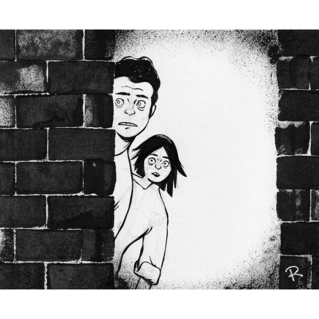 Man and woman peak around a brick wall and see something shocking.