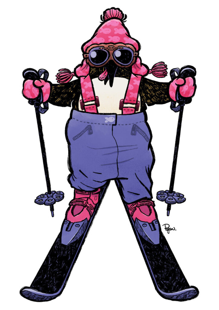 An active penguin dressed for skiing.