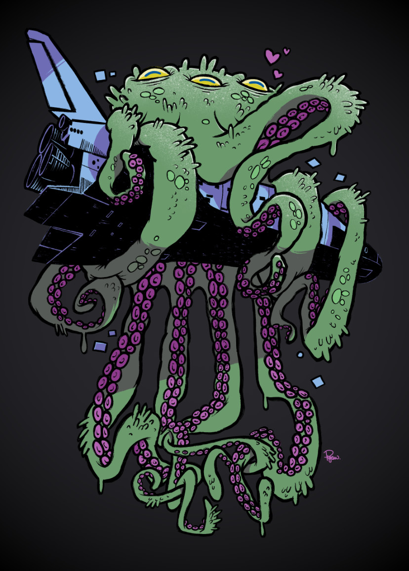 Illustration of a space squid lovingly hugging a space shuttle. Full colour.