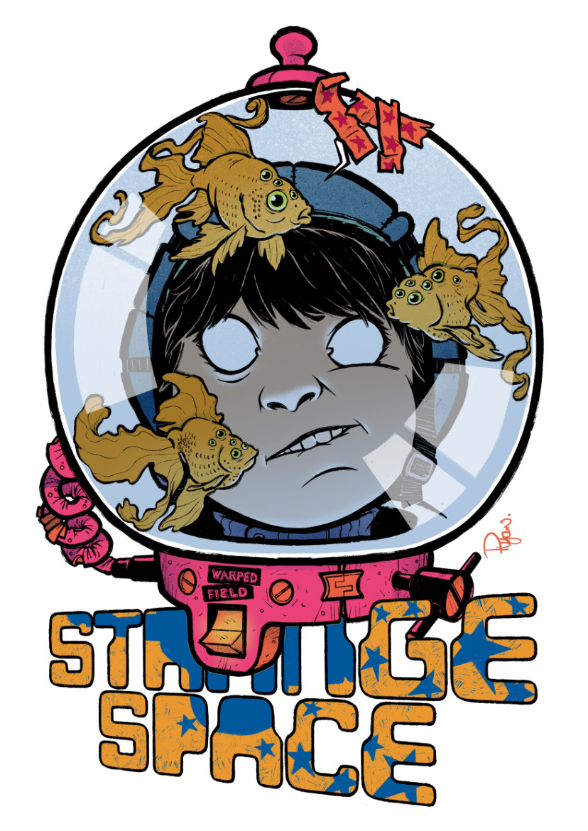Illustration of an astronaut in a space helmet and alien goldfish over the words "Strange Space".