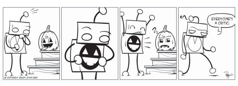 Robot tries to impress a halloween jack-o-lantern.