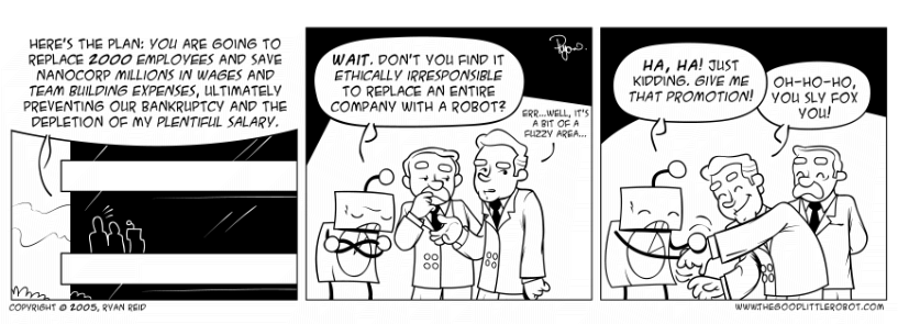 The boss of Nanocorp proposes Robot replace all 2000 employees at Nanocorp. Robot agrees.