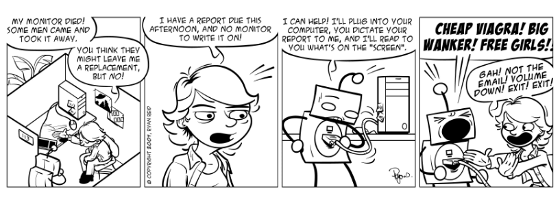 Robin's monitor is broken, and Robot helps her with her report.