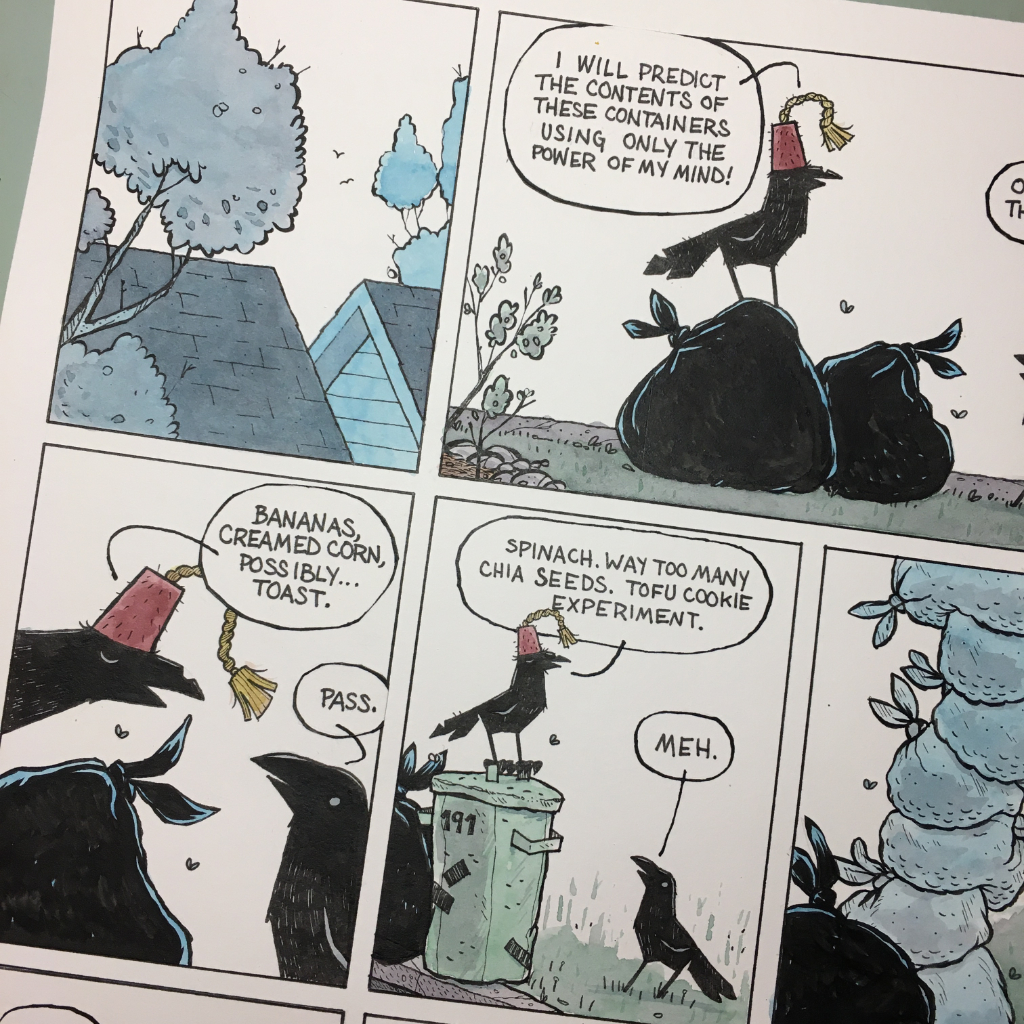 Comic about crows eating garbage work in progress.