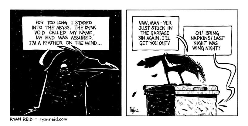 A short comic about the crows being crows, existential malaise, and lunch.