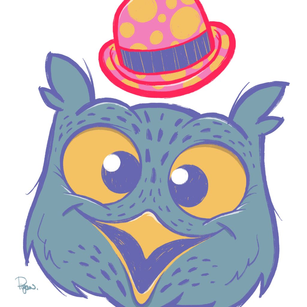 Cartoon owl in a bowler hat close up of illustration.