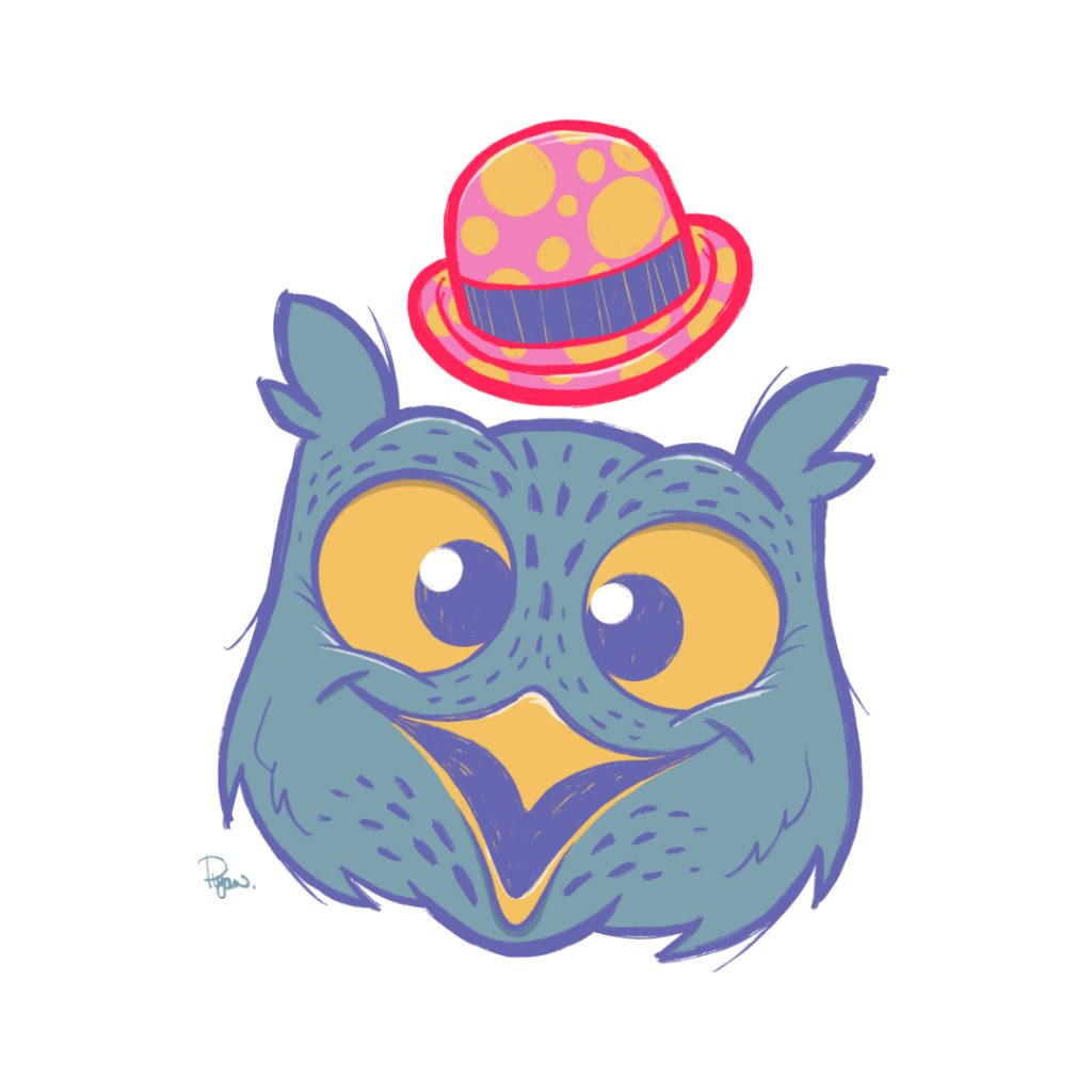Cartoon owl in a bowler hat illustration.