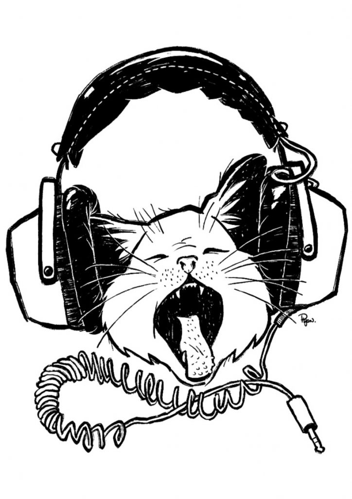 A cat sings super loud while wearing a pair of unplugged headphones.