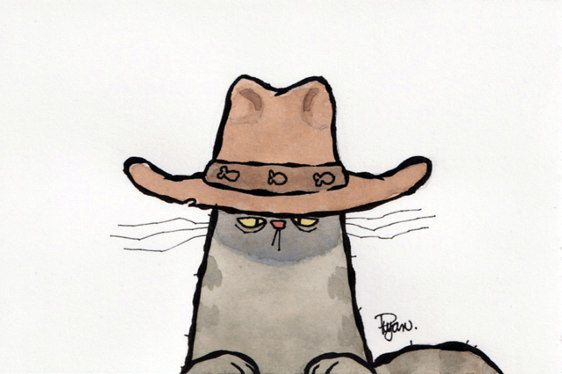 A watercolour of a cartoon cat wearing a cowboy hat.
