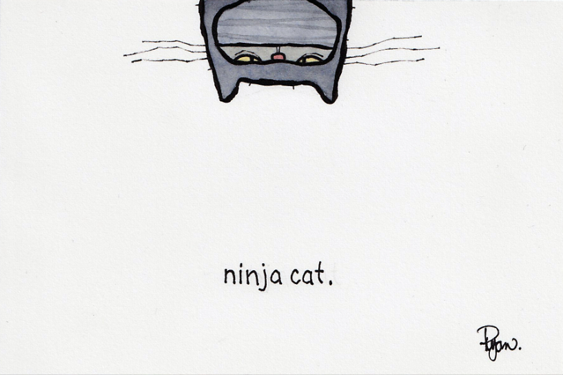 A watercolour cartoon of a cat wearing a ninja costume.