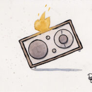 Watercolour drawing of a radio on fire.