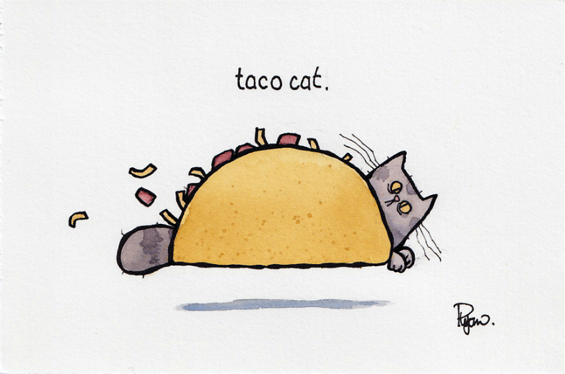 Watercolour illustration of a cat in a taco.