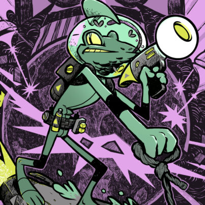 Froggo Cosmitron - Galactic hero Froggo Cosmitron battles evil Emperor Mink for freedom and flies, probably. Thumbnail.