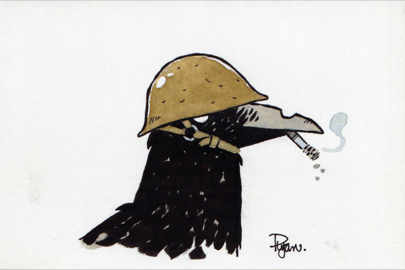 Crow in an army helmet smoking a cigarette.