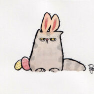 Watercolour drawing of a cat wearing Easter bunny ears.