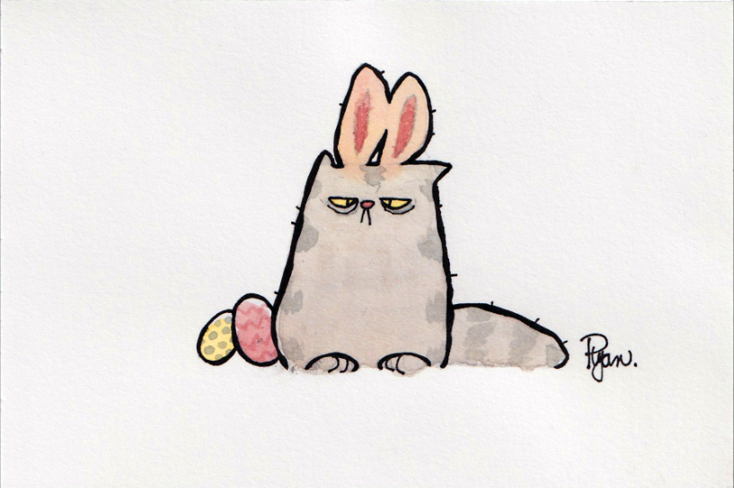 Watercolour drawing of a cat wearing Easter bunny ears.
